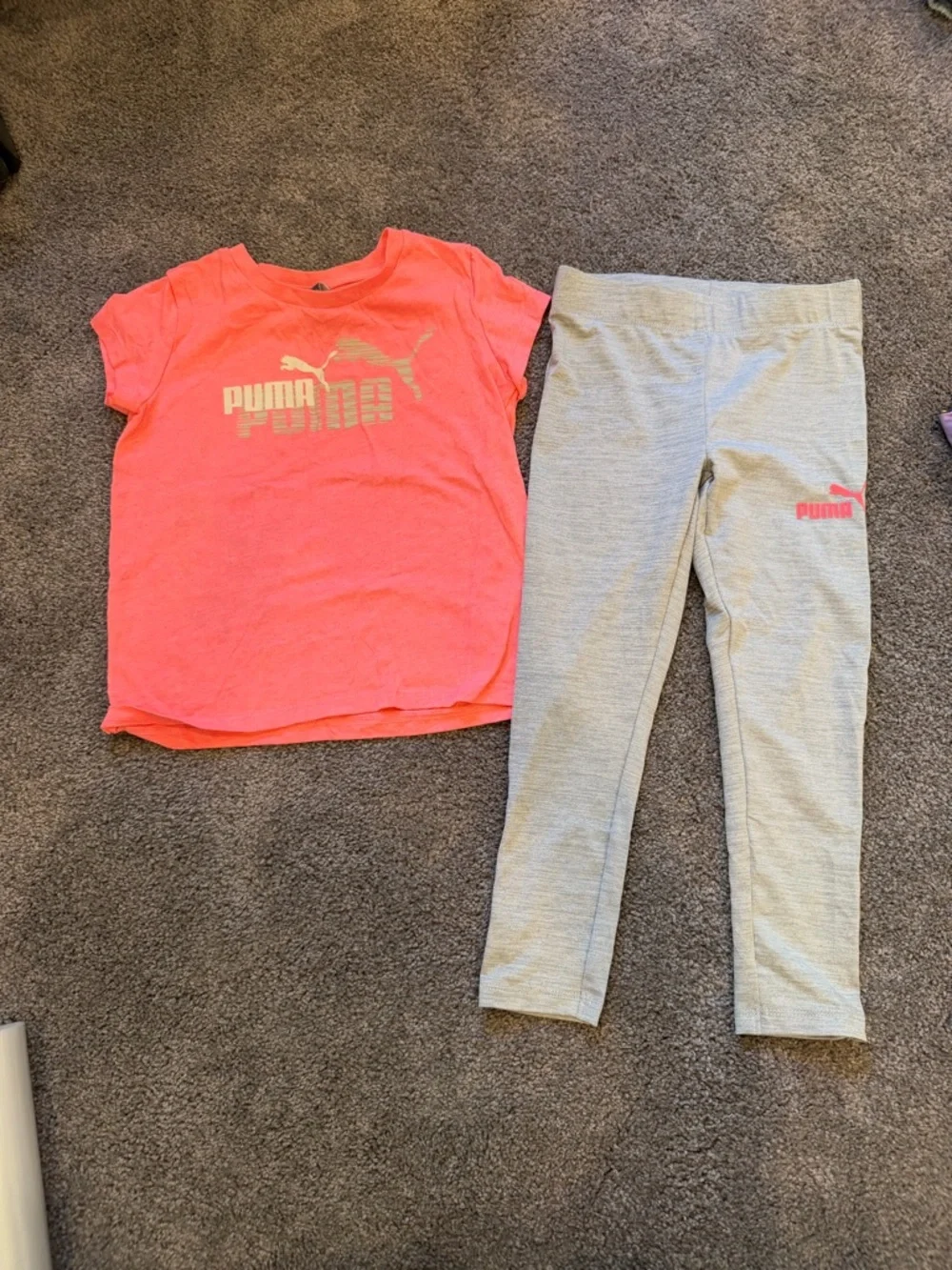 Puma Girls Neon Coral Tee and Light Gray Leggings Set - Picture 1 of 2
